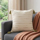 20" Green And Ivory Striped Cotton Blend Throw Pillow Cover with Tassels