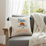 18" Navy Blue Off White And Yellow The Sea is My Happy Place Beach Nautical Throw Pillow Cover