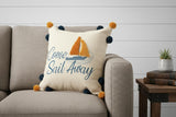 18" Cream Navy Blue And Orange Come Sail Away Beach Nautical Throw Pillow Cover