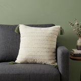 20" Sage And Ivory Striped Cotton Blend Throw Pillow with Tassels
