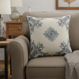 20" Blue And Ivory Floral Recycled Poly Linen Throw Pillow