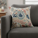 24" Ivory Slate Blue Terra Cotta And Sage Floral Cotton Throw Pillow