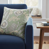 20" Green And Ivory Floral Cotton Throw Pillow