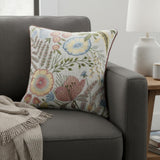 20" Ivory Slate Blue Terra Cotta And Sage Floral Cotton Throw Pillow