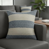 24" Blue And Ivory Striped Linen Blend Throw Pillow