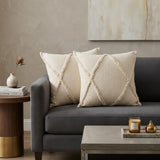 Set of Two 20" Beige And Natural Diamond Cotton Throw Pillows with Tufts