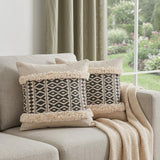 Set of Two 18" Black And Natural Abstract Cotton Throw Pillows with Tufts