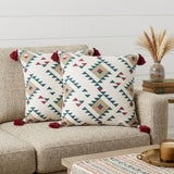 Set of Two 20" White Teal Blue Tan And Crimson Geometric Cotton Throw Pillows