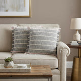 Set of Two 20" Gray And Pink Striped Cotton Throw Pillows with Fringe