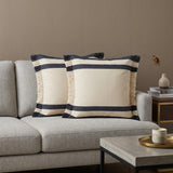 Set of Two 20" Blue And White Striped Cotton Throw Pillows with Fringe