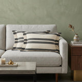 Set of Two 16" X 24" Off White And Gray Lumbar Striped Cotton Throw Pillows with Frosted And Fringe
