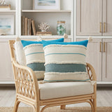 Set of Two 20" Ivory And Turquoise Striped Cotton Throw Pillows with Tassels And Texture