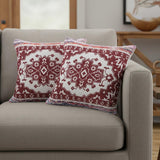 Set of Two 20" Red And White Geometric Cotton Blend Throw Pillows