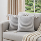 Set of Two 20" Gray And White Striped Cotton Throw Pillows with Tassels