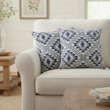 Set of Two 20" Navy Blue And Beige Geometric Cotton Throw Pillows