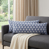 Set of Two 14" X 36" Blue And White Lumbar Damask Cotton Throw Pillows