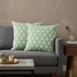 Set of Two 20" Green And Off White Damask Cotton Throw Pillows