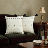 Set of Two 20" Off White And Black Geometric Cotton Throw Pillows with Tassels