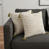 Set of Two 20" Cream And Olive Green Striped Cotton Blend Throw Pillows