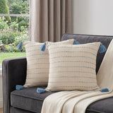 Set of Two 20" Blue And Cream Striped Cotton Blend Throw Pillows with Tassels