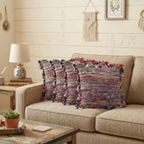 Set of Four 26" Blue And Pink Striped Rayon Throw Pillows with Fringe And Texture