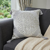 18" Silver And Gray Medallion Viscose Throw Pillow Cover with Tassels