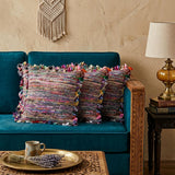 Set of Four 18" Red Pink And Indigo Floor Striped Rayon Throw Pillow Covers