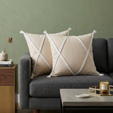 Set of Two 20" Beige And Brown Cotton Throw Pillows with Tufts