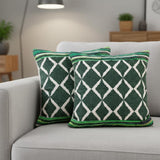 Set of Two 20" Green And Ivory Geometric Cotton Blend Throw Pillows
