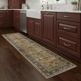 8' Brown Beige And Green Floral Medallion Washable Area Rug