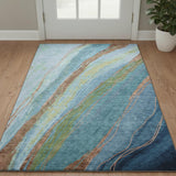 3' X 5' Blue And Copper Abstract Washable Area Rug With UV Protection
