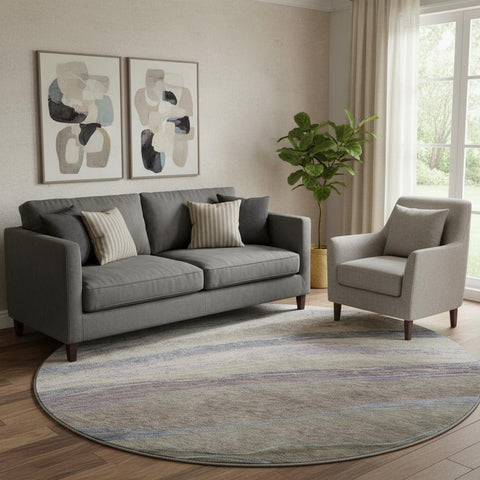 8' Coffee And Purple Abstract Washable Round Rug With UV Protection