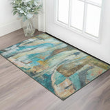 3' X 5' Teal And Beige Abstract Washable Area Rug With UV Protection