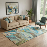 5' X 8' Teal And Beige Abstract Washable Area Rug With UV Protection