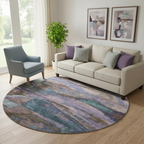 8' Coffee And Blue Abstract Washable Round Rug With UV Protection