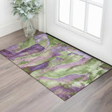 3' X 5' Purple And Green Abstract Washable Area Rug With UV Protection