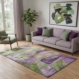 5' X 8' Purple And Green Abstract Washable Area Rug With UV Protection