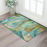3' X 5' Teal And Blush Abstract Washable Area Rug With UV Protection