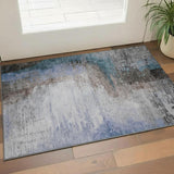 3' X 5' Brown And Blue Abstract Washable Area Rug With UV Protection