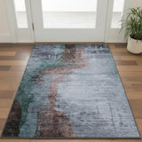 3' X 5' Blue And Brown Abstract Washable Area Rug With UV Protection