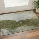 3' X 5' Green And Ivory Abstract Washable Area Rug With UV Protection
