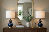 Set of Two 21" Navy Blue And Gold Gourd Table Lamps With Drum Shades