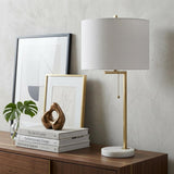 25" Brass And White Round Table Lamp With Drum Shade