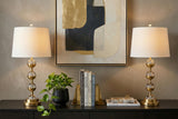 Set of Two 28" Gold Round Bedside Lamps With Drum Shades