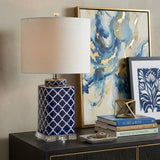 23" Clear Navy Blue And White Geometric Table Lamp With Drum Shade