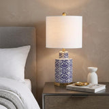 24" Navy Blue Gold And White Table Lamp With Drum Shade