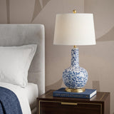 30" Blue White And Gold Gourd Table Lamp With Drum Shade