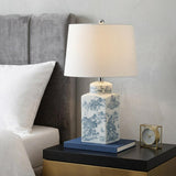25" Blue And White Table Lamp With Drum Shade