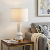 27" White And Gold Geometric Table Lamp With Drum Shade