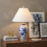 22" Navy Blue Gold And White Urn Table Lamp With Empire Shade